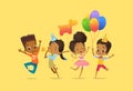 Joyous African-American boys and girls with the balloons and birthday hats happily jumping with their hands up. Birthday