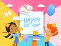 Joyous Boy and girl in birthday hats happily jump. Vector Illustration of a Happy Birthday Greeting Card with balloons Royalty Free Stock Photo