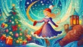 A joyous girl a festive dress, celebrating Christmas near a decorated tree, invoking Santa's New Year's fairy