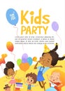 Joyous Multiracial kids in birthday hats and balloons happily jump. Cute rabbits, a bunch of presents on the background