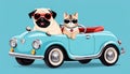 Joyride Companions: Funny Pug Dog and Cat with Sunglasses in Toy Car