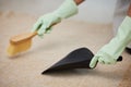 The joys of pet hair and carpets. Cropped shot of an unrecognizable using a hand broom and dustpan to clean her carpet