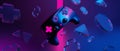 joystick button controller floating for gamer technology futuristic cyberpunk display, gaming scifi stage pedestal background