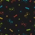 Joystick gamepad seamless pattern with pixel text. Typography graphics for t-shirt prints and other video game concept. Vector