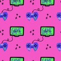 Joystick seamless pattern. Bright modern cartoon video game, gamepad for console or pc. Gamer geek modern background. Decor