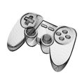 Joystick silhouette consisting of black dots and particles. 3D vector wireframe of a gamepad controller device with a grain