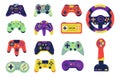 Joysticks. Cartoon controllers for video gaming. Colorful gamepads control character and transport or aircraft. Isolated Royalty Free Stock Photo