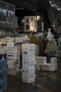 Fish boxes at the Tsukiji fish market in Tokyo Japan