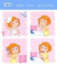 Kids - routine actions - tooth brushing, washing face, taking a shower, hair care - girl with ginger hair