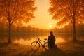 Enjoying the Golden Hour: Lone Person and Bicycle at Tranquil Lake During Autumn Sunset Royalty Free Stock Photo