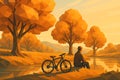 Serene autumn landscape illustration with a person relaxing by a lake and a bicycle at sunset Royalty Free Stock Photo