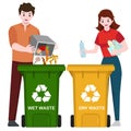 Organic inorganic trash garbage recycle bin used by man and woman