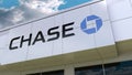 JPMorgan Chase Bank logo on the modern building facade. Editorial 3D rendering