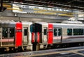 JR train stopping at station in Hiroshima, Japan