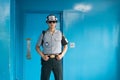 JSA within DMZ, Korea - September 8 2017: UN soldier in blue building at North South Korean border from the front guarding the doo Royalty Free Stock Photo