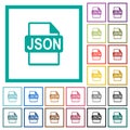 JSON file format flat color icons with quadrant frames