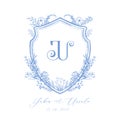 Elegant wedding floral crest with J and U initial monogram logo Royalty Free Stock Photo