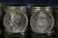 Juan Carlos I King of Spain Five Pesetas Coin 1980 Obverse Reverse Close Up Stacks Black Background Macro