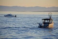 Sportfishing boats troll for salmon near Ogden Point on a sunny summer evening in August