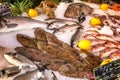 Juan Le Pen, France, 10/06/2019: Beautifully laid out fresh fish on a counter with ice