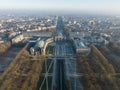 Jubelpark, Park of the Fiftieth Anniversary in Brussels, Belgium. Europe. Urban monumental park, aerial drone overhead