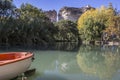 Jucar river, boat of recreation in small lagoon in the central p