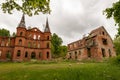 Juchowo, Zachodniopomorskie / Poland - May, 15, 2019: Old destroyed mansion in a small village in Pomerania. Ruins of the estate