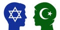 Judaist man and muslim woman relations. Different religion couple concept vector illustration.