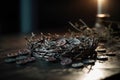 Judas 30 pieces of silver, sack thirty coins biblical symbol betrayal, religion, Bible A crown of thorns with thorns, a Royalty Free Stock Photo