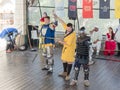 The judge announces the winner of the fight at the festival `The Knights of Jerusalem` in Jerusalem, Israel.