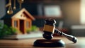 Judge auction and real estate concept. Gavel justice, hammer, and House model. Generative AI Royalty Free Stock Photo