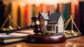 Judge auction and real estate concept. House model, gavel and law books. Law of real estate concept. Generative Ai Royalty Free Stock Photo