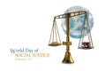 Judge balance in front of a blurred world globe on white, text W
