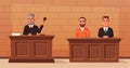 Judge character with hammer, lawyer and defendant. Cartoon vector illustration