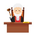 Judge Character Sitting Desk with Hammer Cartoon
