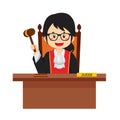 Judge Character Sitting Desk with Hammer Cartoon