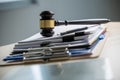 Judge and documents on office desk Legislation Royalty Free Stock Photo