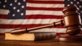 Judge gavel, American flag banner lawyer symbol vintage concept