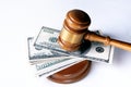 Judge gavel, dollars for business, finance, corruption, money, financial crimes Royalty Free Stock Photo