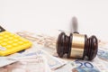 Judge gavel, euro banknotes and calculator