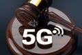 Judge gavel and 5G symbol. High speed network and legal issues concept. 3D rendering