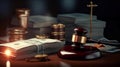 Judge gavel golden coins and money on the table. The concept corruption. AI generated