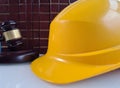 Judge gavel and hard hat book with symbol of trial and sentences Royalty Free Stock Photo