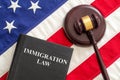 Judge gavel and Immigration Law book on United States of America flag