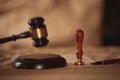 Judge gavel with lawyers advice legal at law firm in background. Concepts of law. Royalty Free Stock Photo