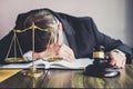 Judge gavel with lawyers, Gavel on wooden table and Counselor or Male lawyer is tired and migraine headaches during hard working Royalty Free Stock Photo