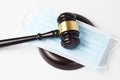 Judge gavel and medical protective mask on a white background