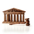 judge gavel and miniature bank icon made of white wood background, ai generative