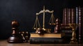 Judge gavel, old books and scales on a wooden table, justice symbols for balance