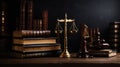 Judge gavel, old books and scales on a wooden table, justice symbols for balance and power in law and court